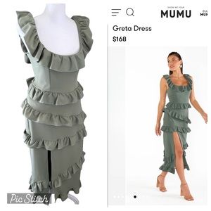 NWT Show Me Your MuMu Green Greta Medium Ruffle Slit Dress Square Neckline